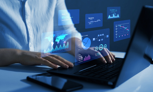 Performance (KPI) indicators and digital marketing analysis. Data management and business analytics system.Report with KPI and metrics connected to database