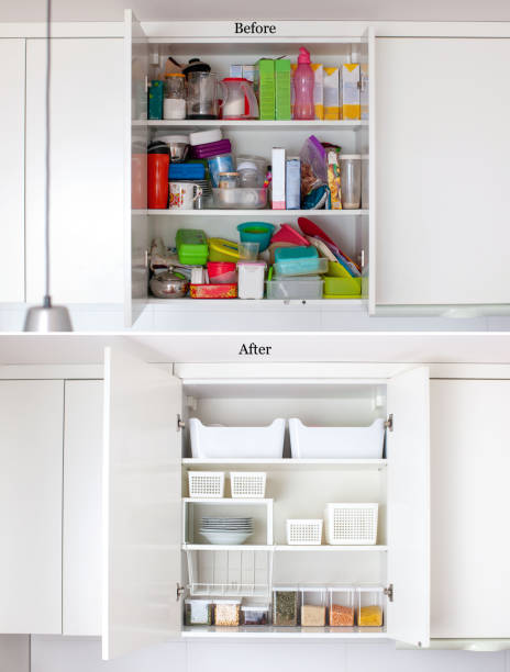istock Before and after concept. Storage ideas in the kitchen. Shelf order system. 1464027129