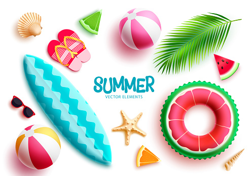 Summer vector element set. Summer beach elements floater, surfboard, beach ball, flipflop and sunglasses isolated. Vector illustration summer collection.