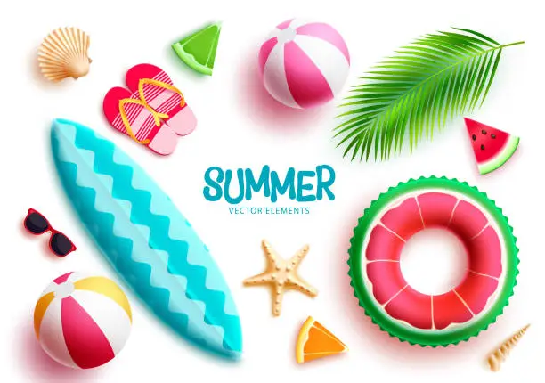 Vector illustration of Summer vector element set. Summer beach elements floater, surfboard, beach ball, flipflop and sunglasses isolated.