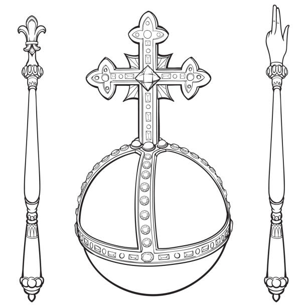 Sceptre and orb BW Sceptre and globus cruciger also known as orb. Sign of royal authority. Line drawing isolated on white background. EPS10 Vector illustration sceptre stock illustrations