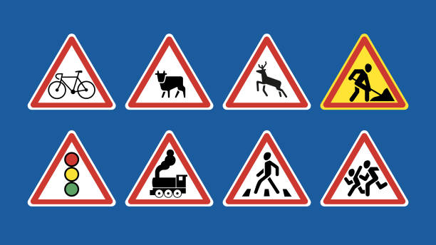 istock Set of road signs. Warning signs on blue background. 1464033193