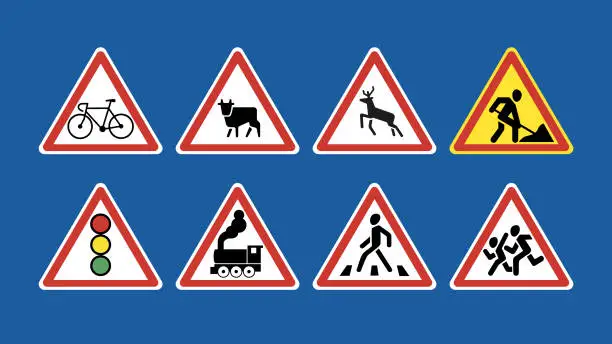 Vector illustration of Set of road signs. Warning signs on blue background.