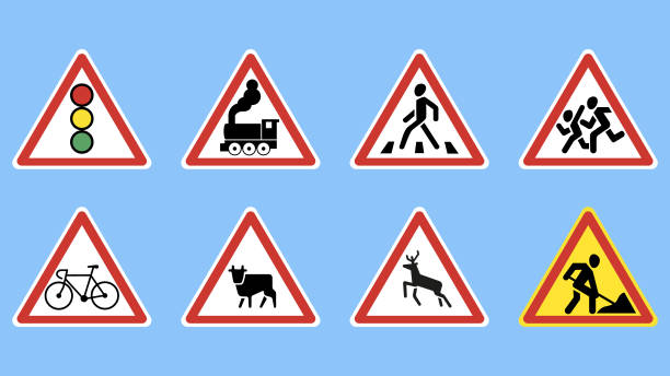 istock Set of Warning road signs on a blue background. 1464033204