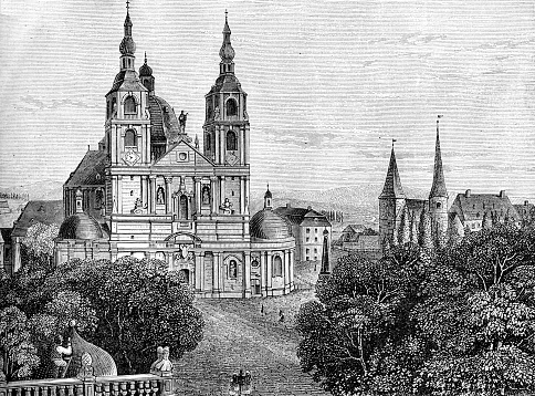 XIX century engraving of Fulda baroque cathedral, abbey church built from 1704 to 1712. The main facade is flanked by two towers 65 mt. high.