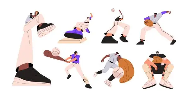 Vector illustration of Baseball players playing sport game set. Catchers, batters athletes throwing, catching, pitching and hitting ball with bats, gloves. Flat graphic vector illustrations isolated on white background