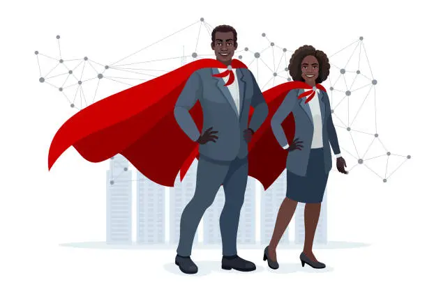 Vector illustration of Superhero Business Couple. African American Superhero Businessman Superhero Businesswoman.