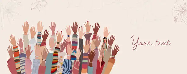 Vector illustration of Banner group of hands up of diverse culture women. International Women’s day. Racial equality concept. Allyship and sisterhood. Feminism. Female social community. Empowerment or inclusion