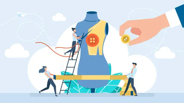 Vector illustration of Clothing design. Taking measures. Seamstress fitting on clothes on mannequin. Process of sewing clothes, fashion studio. Plastic tape measure. Workshop, dressmakers at work. Flat vector illustration