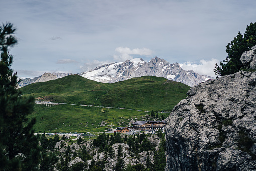 Ski resort panorama with frozen transmitter on top of mountain on the left side. Vorarlberg, Montafon