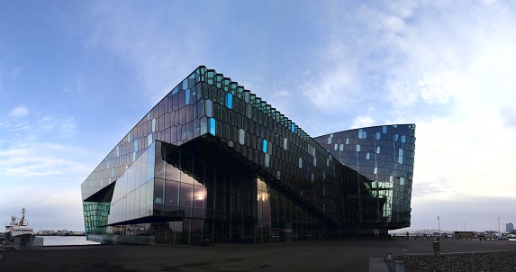 Reykjavik, Iceland – October 18, 2018: The exterior of Harpa Concert Hall and Conference Centre in Reykjavik, Iceland