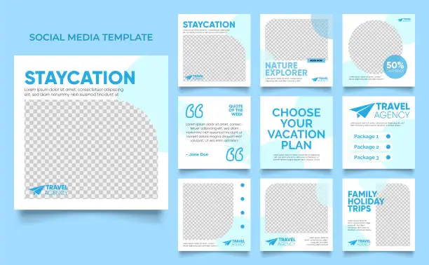 Vector illustration of social media template banner travel and vacation service promotion. fully editable square post frame puzzle organic sale poster