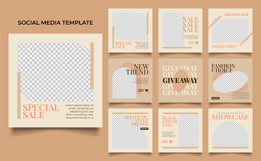 social media template banner fashion sale promotion in beige brown color. fully editable square post frame puzzle organic sale poster.