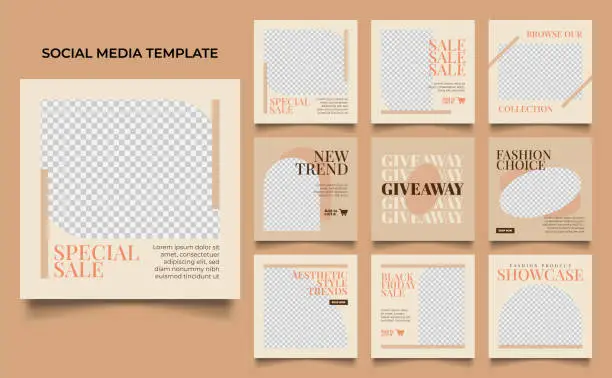 Vector illustration of social media template banner fashion sale promotion in beige brown color. fully editable square post frame puzzle organic sale poster.