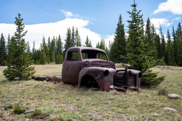 istock Rusty abandoned truck wreck in the field by green trees 1464053695