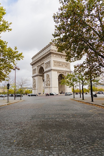 Paris, France – October 24, 2022: The Arc of Triumph in Paris on a gloomy autumn day
