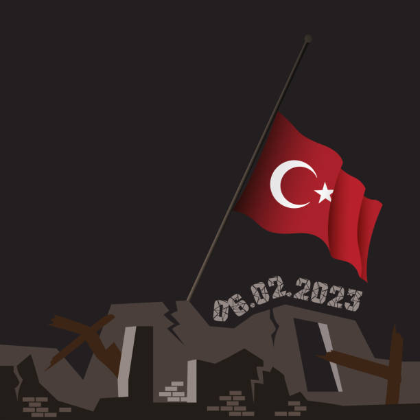 catastrophic devastating earthquake in south east turkey. natural disaster in kahramanmaras, turkiye on 06 february 2023. ruined building and lowered turkish flag due to mourning. - turkey earthquake 幅插畫檔、美工圖案、卡通及圖標