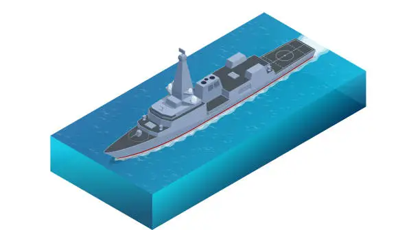 Vector illustration of Isometric Type 26 frigate, Naval Ship, frigate for the United Kingdom s Royal Navy, with variants also being built for the Australian and Canadian navies