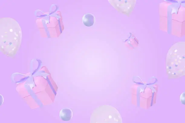 Vector illustration of 3D gift boxes and ballons lavander light background