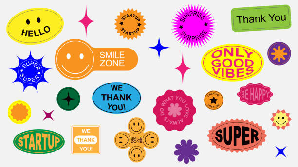ilustraciones, imágenes clip art, dibujos animados e iconos de stock de big set moderno lindo sonriente etiqueta de dibujos animados stikers forma. - forma bidimensional