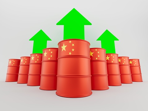 China flag on oil gas petrolium barrel tank,3d render