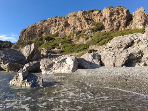 istock Empty beautiful beach with rocks and mountains in background 1464066180