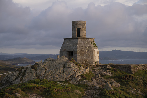 An old 19th-century tower. The original lighthouse of Cape Vilan in Galicia, Spain