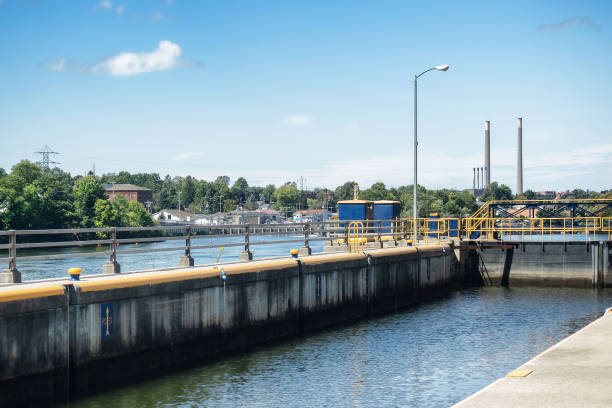Lock 6 of the historic Erie Canal with the city of Oswego, New York in the distance