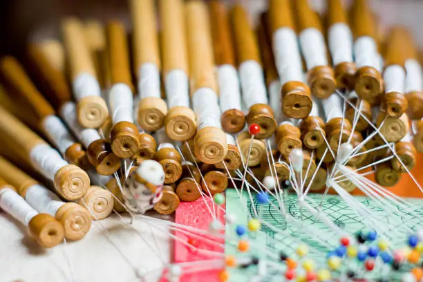 Photo of Closeup shot of Bobbin lace an traditional handicrafts