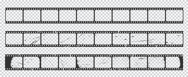 Old grunge movie film long strip or vintage filmstrip, vector video reel frames. Retro cinema video or photo tape with scratched grunge frames and transparent background, motion picture film strip