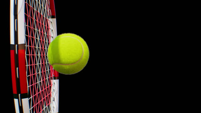 Tennis Serve in Slow Motion Close-up Green Screen. Racket Hitting Tennis Ball 3d Animation Isolated on Black and Blue Backgrounds. Sport Concept