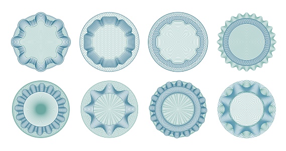 Guilloche rosettes, money banknote watermark frames for certificate, vector currency pattern. Guilloche rosette seal for bank note or bill and voucher, passport visa and diploma watermark frames