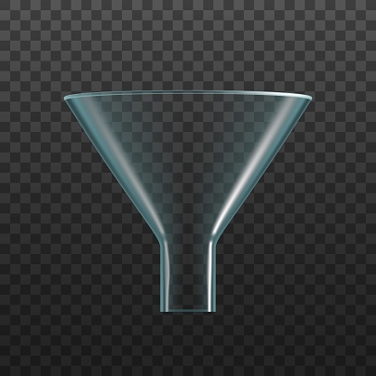 Isolated glass funnel. Chemistry laboratory testing 3d glassware, science and medicine research, pharmaceutical realistic vector instrument tool for liquids filtration, distilling and separation