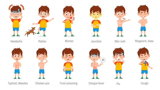 Child diseases, sick kid symptoms. Vector kid boy with headache, rabies, mumps and jaundice. Skin rash, ringworm tinea, typhoid measles, chicken pox, food poisoning, flu and cough illness types list
