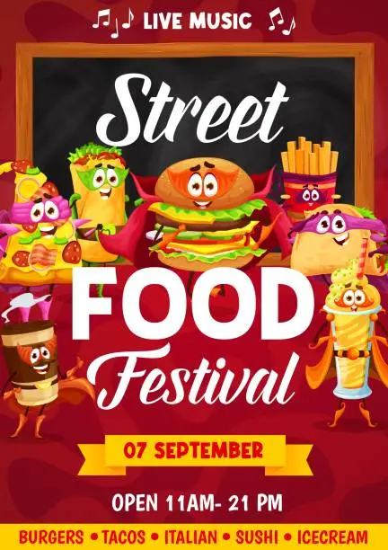 Vector illustration of Fast food festival flyer with meals superheroes