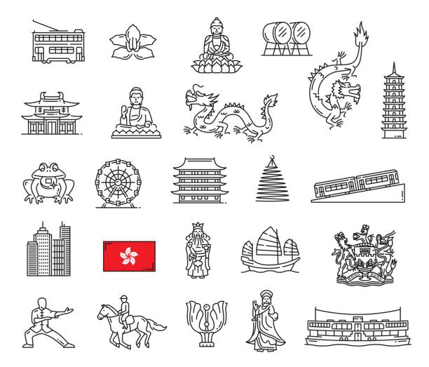 Hong Kong landmark and travel outline icons Hong Kong landmark and travel outline icons. Hong Kong doubledecker tram, buddha monument and dragon, pagoda, buddhism temple and skyscraper, flag, coat of arms, ferry and funicular, Mazu goddess buddha icon stock illustrations