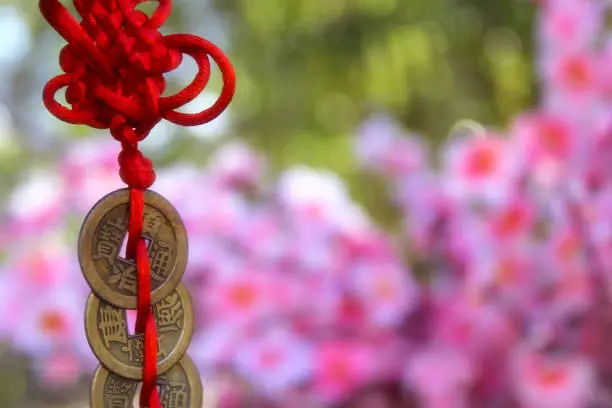 A closeup shot of a red Chinese knot with coins as a good-luck charm given during the New Year celebration