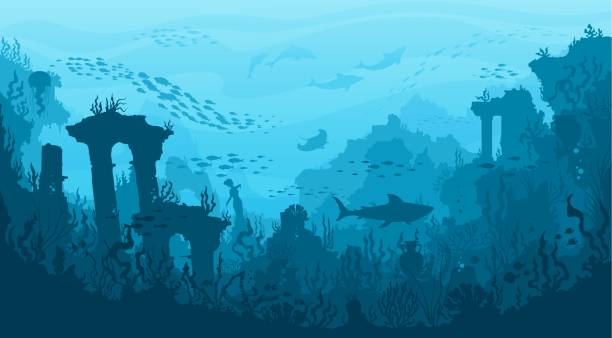 Underwater landscape, ancient city temple columns Underwater landscape, ancient city columns and temples, shark, manta and fish, vector sea background. Ocean deep water or undersea world with drowned Atlantis city ruins and coral reef silhouette underwater stock illustrations