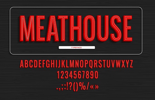 Steak font, butcher vintage typeface or steakhouse type and barbeque alphabet, vector ABC. Grill meat restaurant or steak house menu, neon red signs for BBQ barbecue or burger bar font typeset