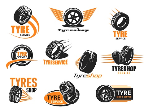 Car tyre shop and service icons. Wheel tire repair and balancing. Car wheel rims store or repair service vector symbol, vehicle tyres change mechanic workshop retro icons