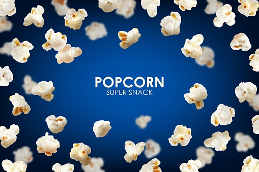 Realistic flying popcorn background. Vector frame of pop corn seeds on blurred blue background with snack kernels and empty copy space. Poster or banner template, promo advertising for fast food