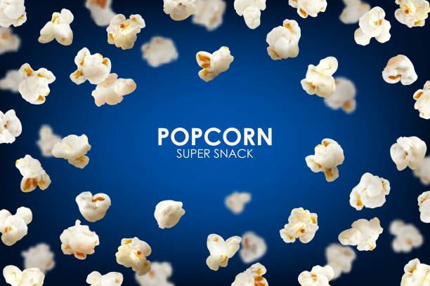 Realistic flying popcorn background, vector frame Realistic flying popcorn background. Vector frame of pop corn seeds on blurred blue background with snack kernels and empty copy space. Poster or banner template, promo advertising for fast food popcorn stock illustrations