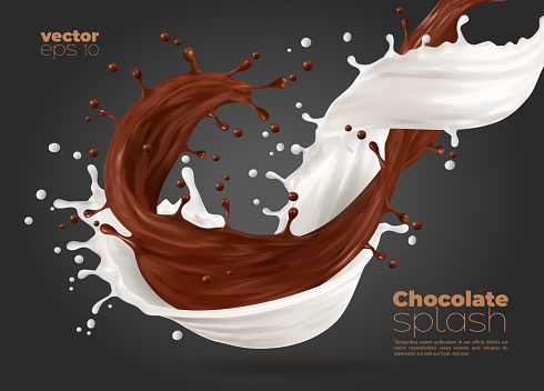 Milk and chocolate swirl wave splash. Realistic vector promo background with cocoa and milky flow with drops. Brown and white streams of dessert drink with splatters, liquid 3d dynamic splashing