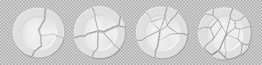 Ceramic broken plates with cracks. White vector round dishes with varying degrees of damage. Realistic shattered kitchen porcelain crockery with splinter pieces isolated on transparent background