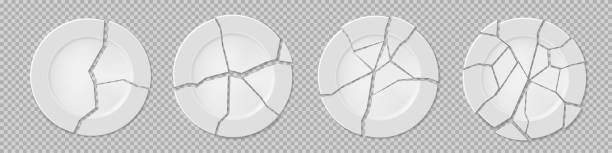 Ceramic broken plates with cracks, damaged dishes Ceramic broken plates with cracks. White vector round dishes with varying degrees of damage. Realistic shattered kitchen porcelain crockery with splinter pieces isolated on transparent background sliver stock illustrations