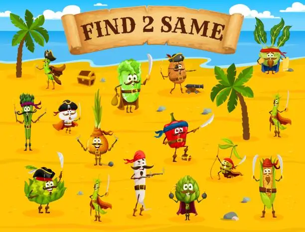 Vector illustration of Find two same cartoon vegetable pirate puzzle game