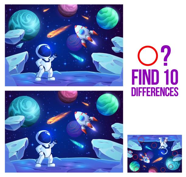 Find ten differences game with cartoon astronaut Find ten differences. Cartoon astronaut on planet surface. Objects comparing game, matching vector quiz or kids puzzle vector worksheet with space starship, astronaut cute personage on galaxy planet multiplication worksheet stock illustrations