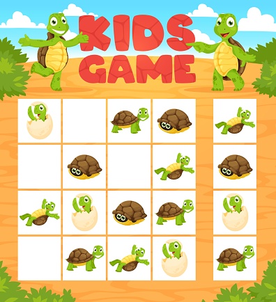 Sudoku kids game. Cartoon turtles. Cheerful tortoise animal characters on children educational game worksheet, preschool child logical quiz book page vector template, kids riddle or sudoku puzzle