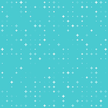 Plus hospital pattern, vector background evenly spaced white cross symbols of different sizes and opacity on blue backdrop. Medical abstract ornament, wallpaper or template for website