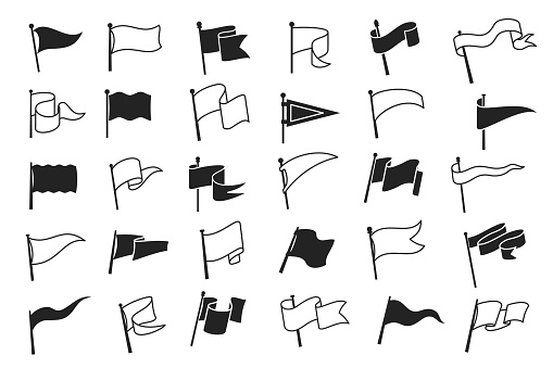 Retro pennant white and black flags, banner pendants on flagpoles, vector icons. Sport camp or university and varsity club pennants, blank waving flag on poles, linear outline signs
